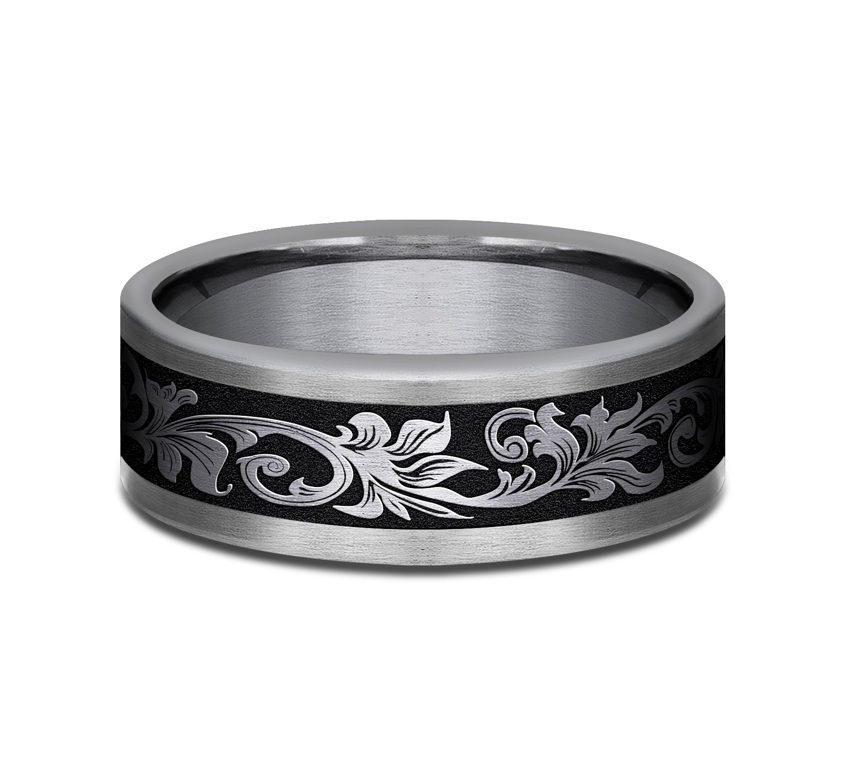 THE ROYAL 8mm, Comfort fit, Grey Tantalum and Grey/Black Titanium, Vintage script pattern, straight edges