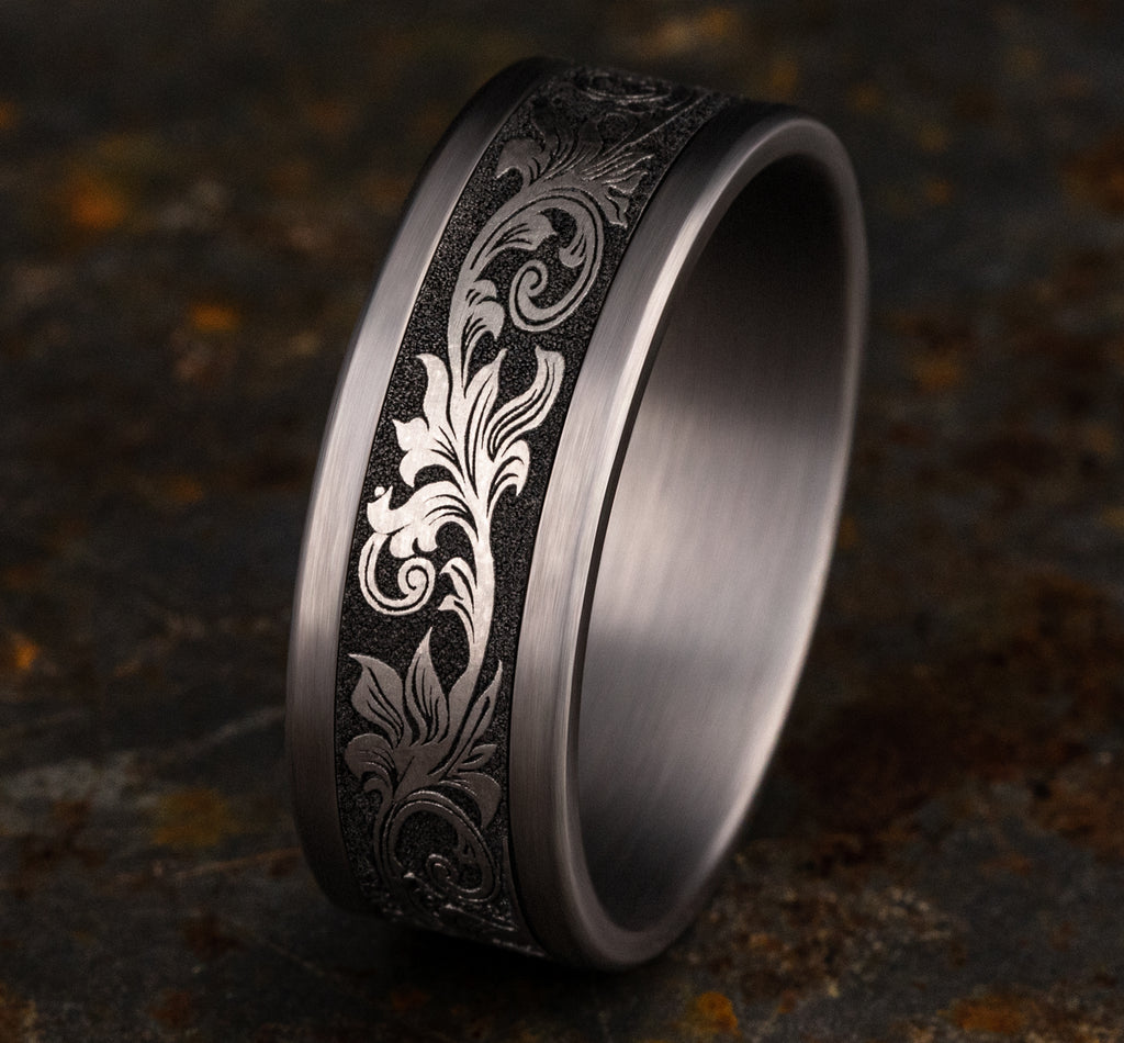 THE ROYAL 8mm, Comfort fit, Grey Tantalum and Grey/Black Titanium, Vintage script pattern, straight edges