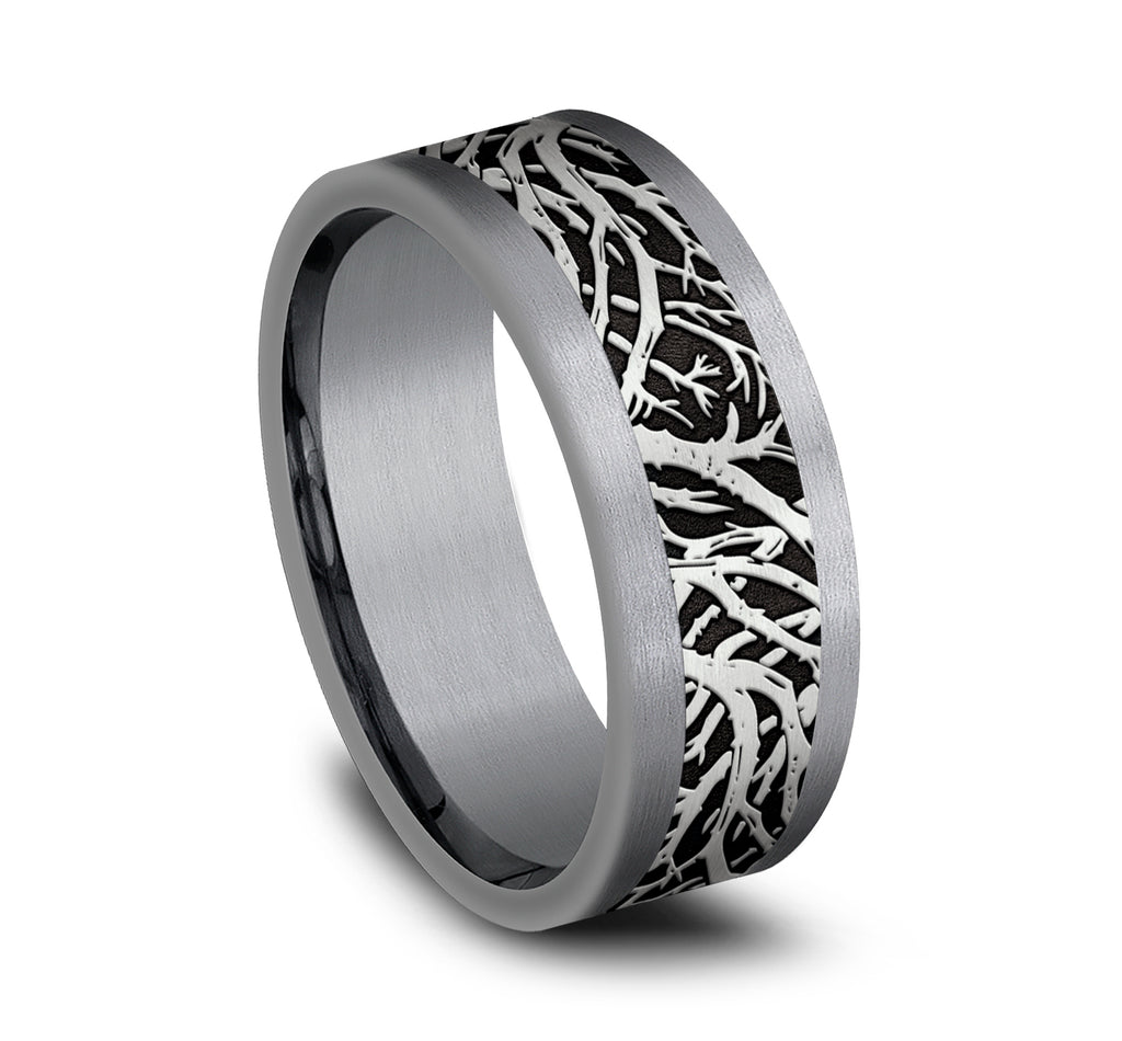 THE WINDSOR 8mm, Comfort fit, Grey Tantalum and Grey/Black Titanium, Forest branch pattern, straight edges