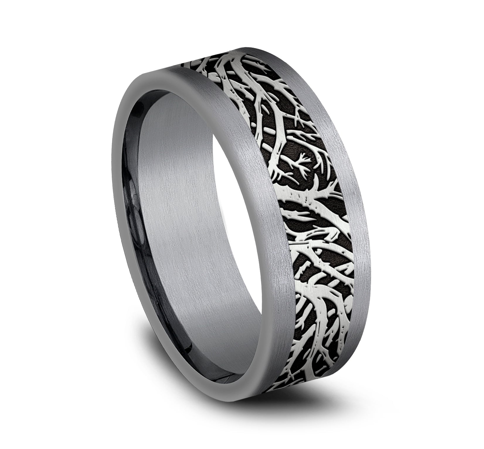 THE WINDSOR 8mm, Comfort fit, Grey Tantalum and Grey/Black Titanium, Forest branch pattern, straight edges