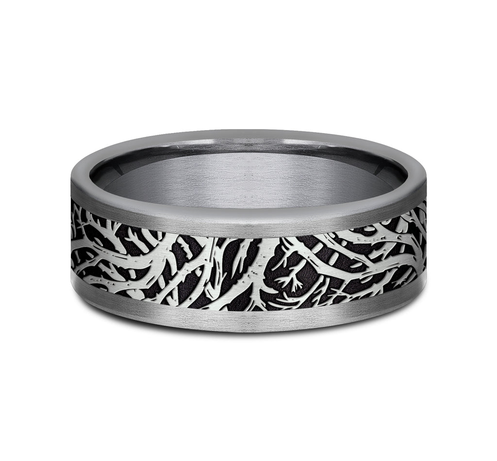 THE WINDSOR 8mm, Comfort fit, Grey Tantalum and Grey/Black Titanium, Forest branch pattern, straight edges
