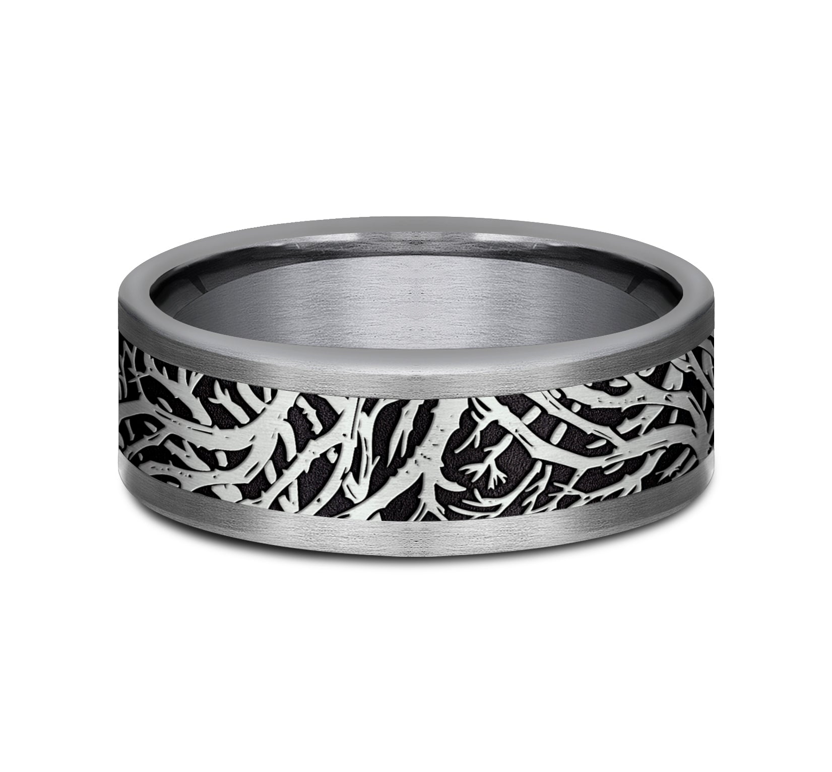 THE WINDSOR 8mm, Comfort fit, Grey Tantalum and Grey/Black Titanium, Forest branch pattern, straight edges