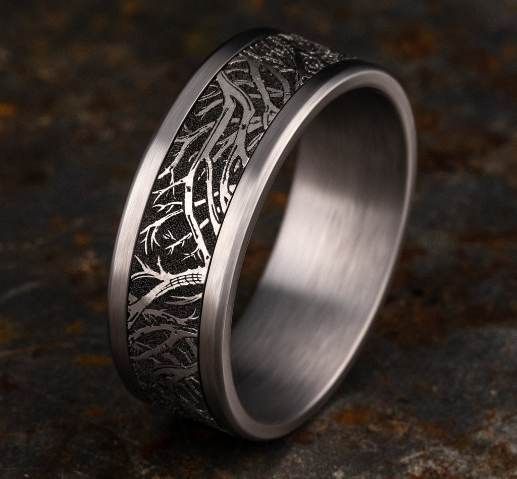 THE WINDSOR 8mm, Comfort fit, Grey Tantalum and Grey/Black Titanium, Forest branch pattern, straight edges
