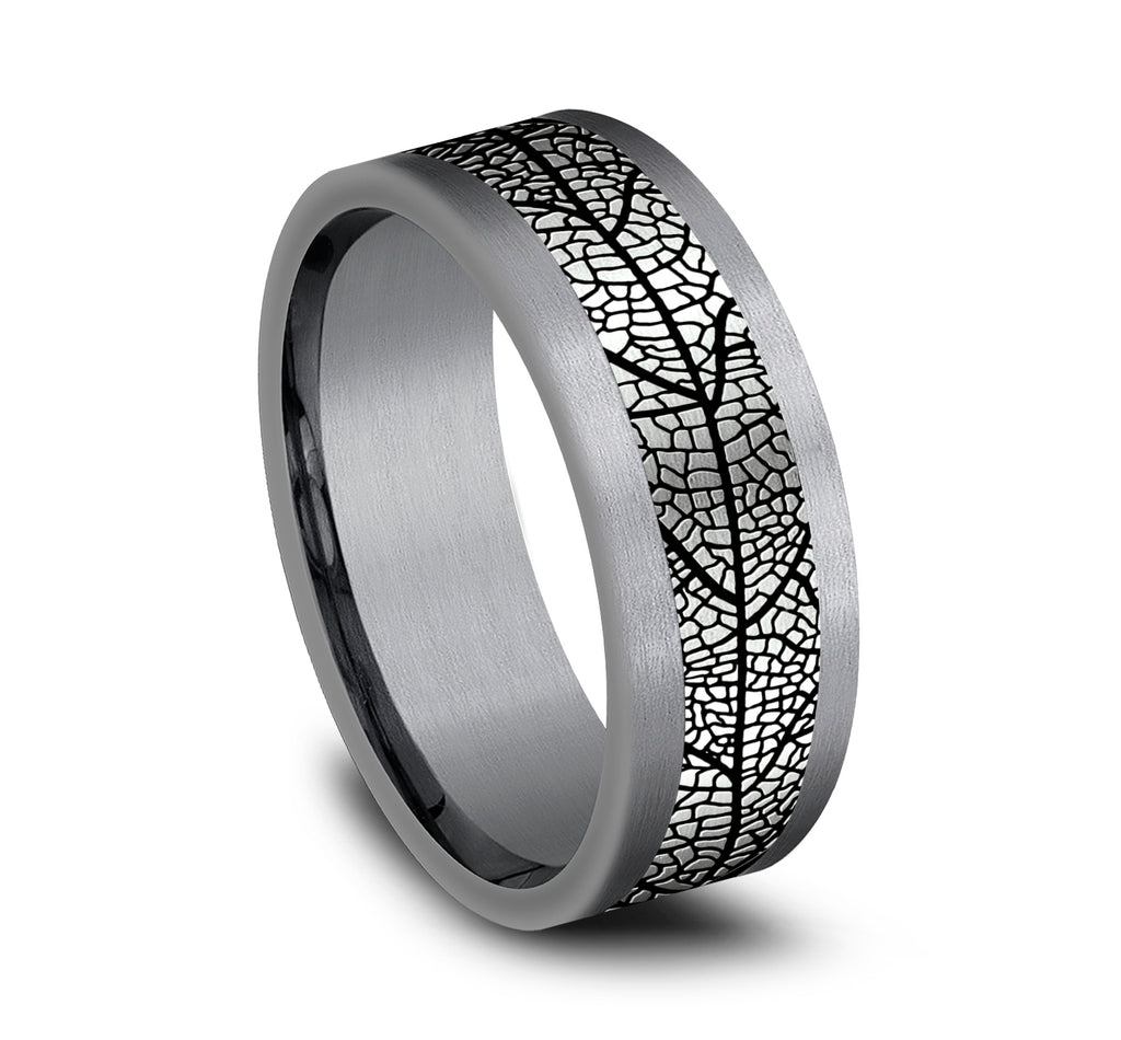 THE BRYCE 8mm, Comfort fit, Grey Tantalum and Grey/Black Titanium, Leaf patterned center, straight edges