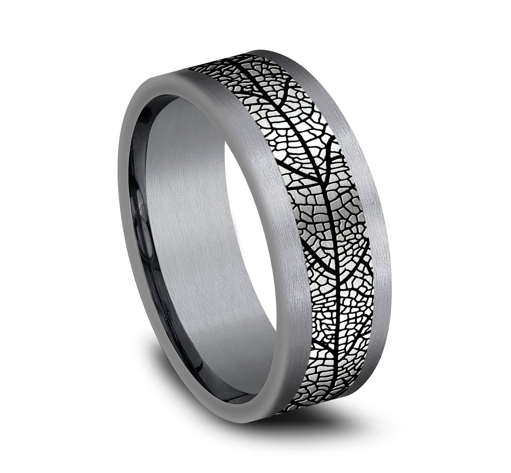 THE BRYCE 8mm, Comfort fit, Grey Tantalum and Grey/Black Titanium, Leaf patterned center, straight edges