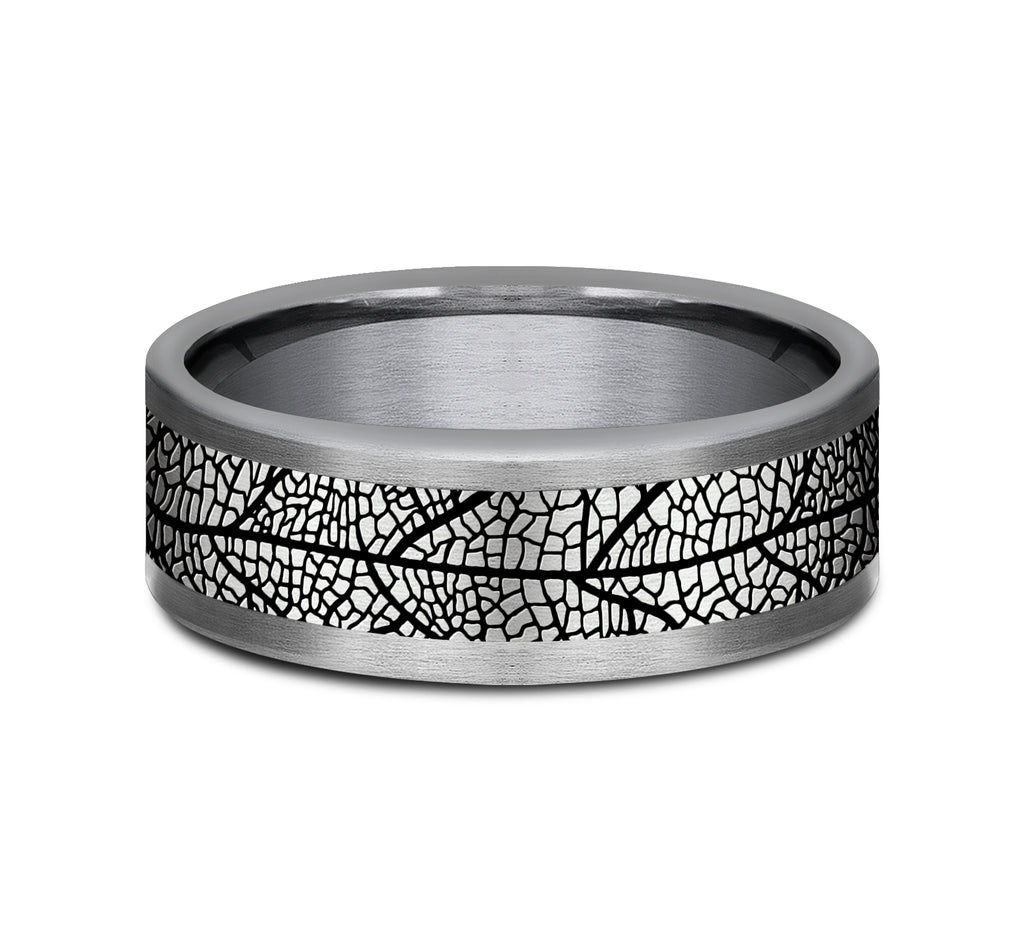 THE BRYCE 8mm, Comfort fit, Grey Tantalum and Grey/Black Titanium, Leaf patterned center, straight edges