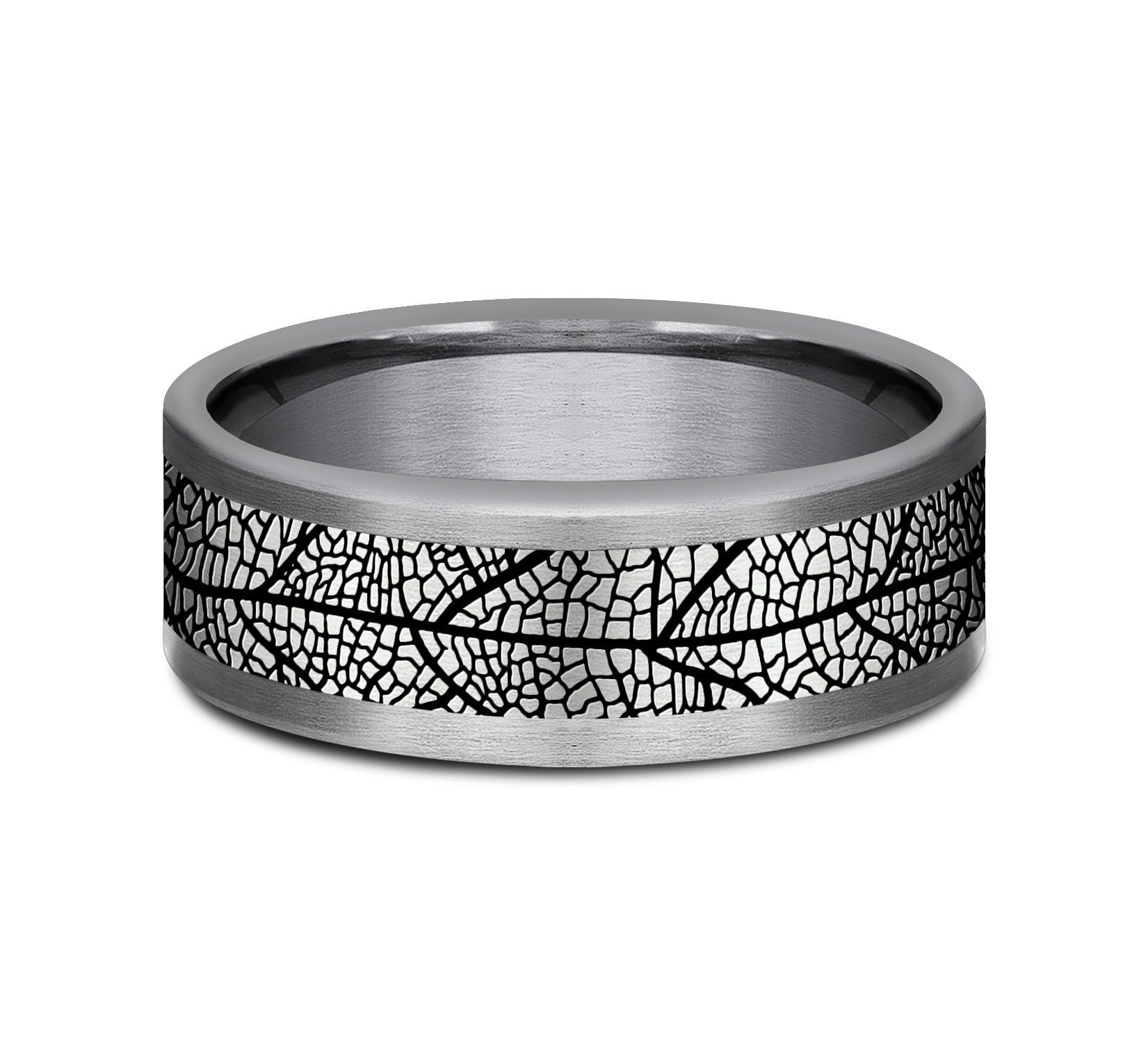 THE BRYCE 8mm, Comfort fit, Grey Tantalum and Grey/Black Titanium, Leaf patterned center, straight edges