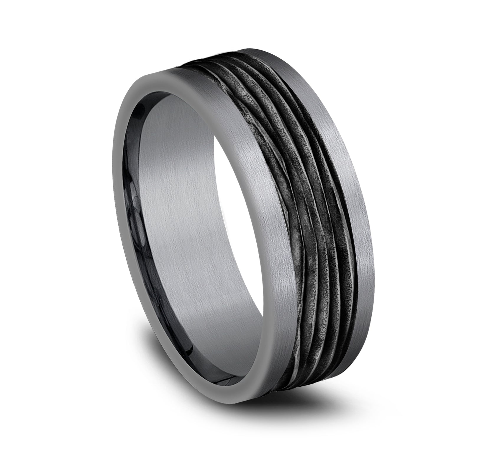 THE TEAK 8mm, Comfort fit, Grey Tantalum and Black Titanium, Horizontal bark patterned center, straight edges