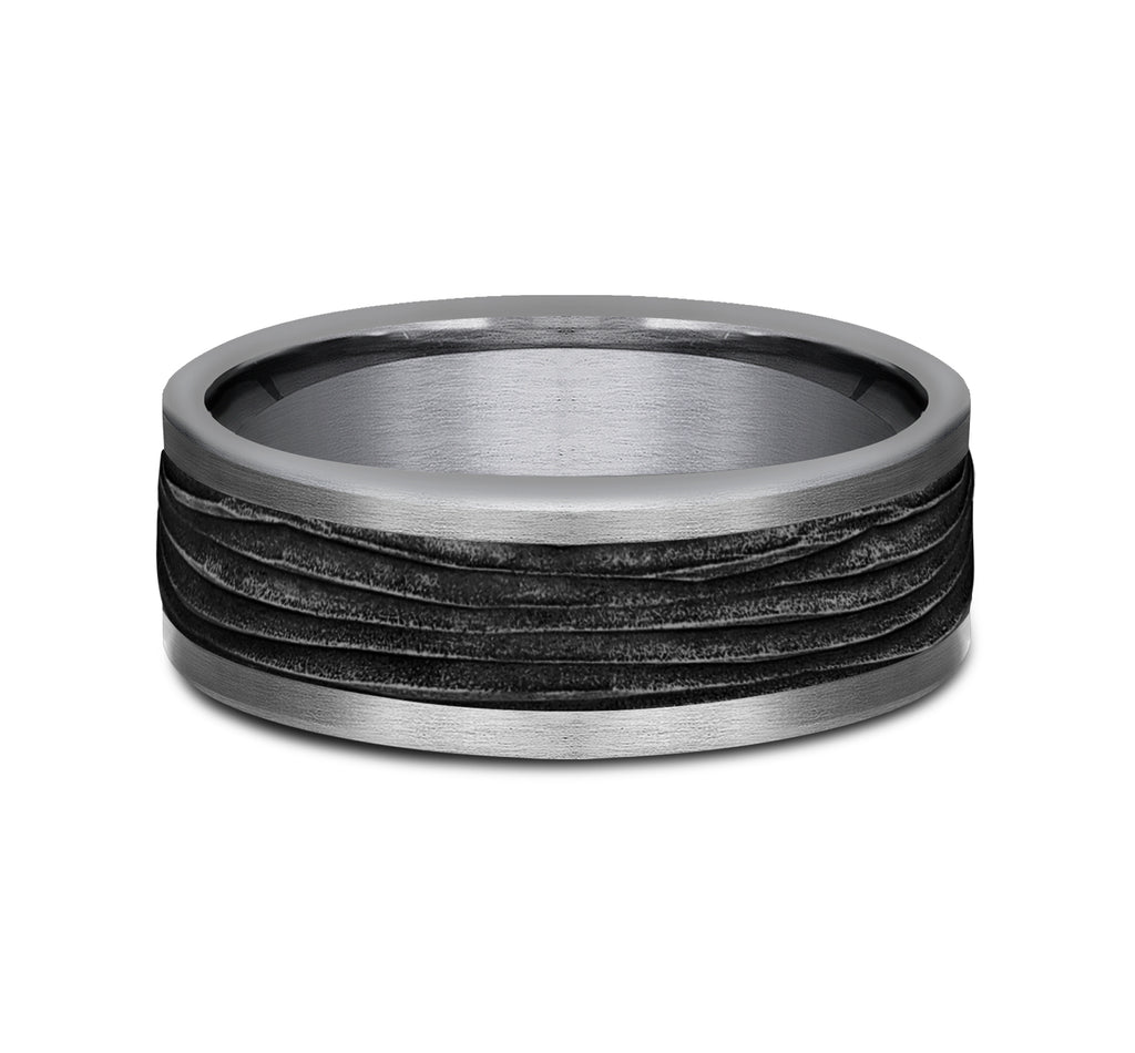 THE TEAK 8mm, Comfort fit, Grey Tantalum and Black Titanium, Horizontal bark patterned center, straight edges