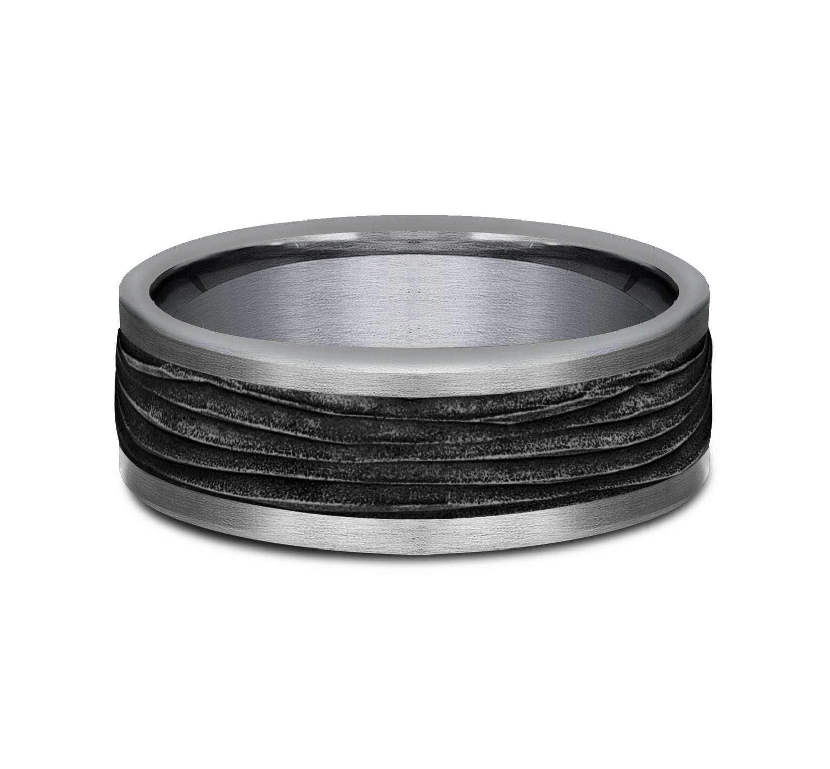 THE TEAK 8mm, Comfort fit, Grey Tantalum and Black Titanium, Horizontal bark patterned center, straight edges