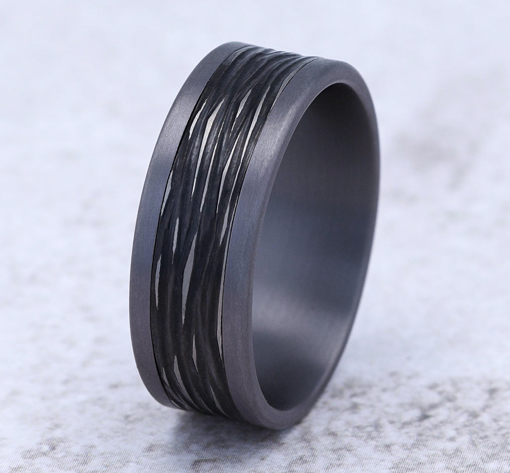THE TEAK 8mm, Comfort fit, Grey Tantalum and Black Titanium, Horizontal bark patterned center, straight edges