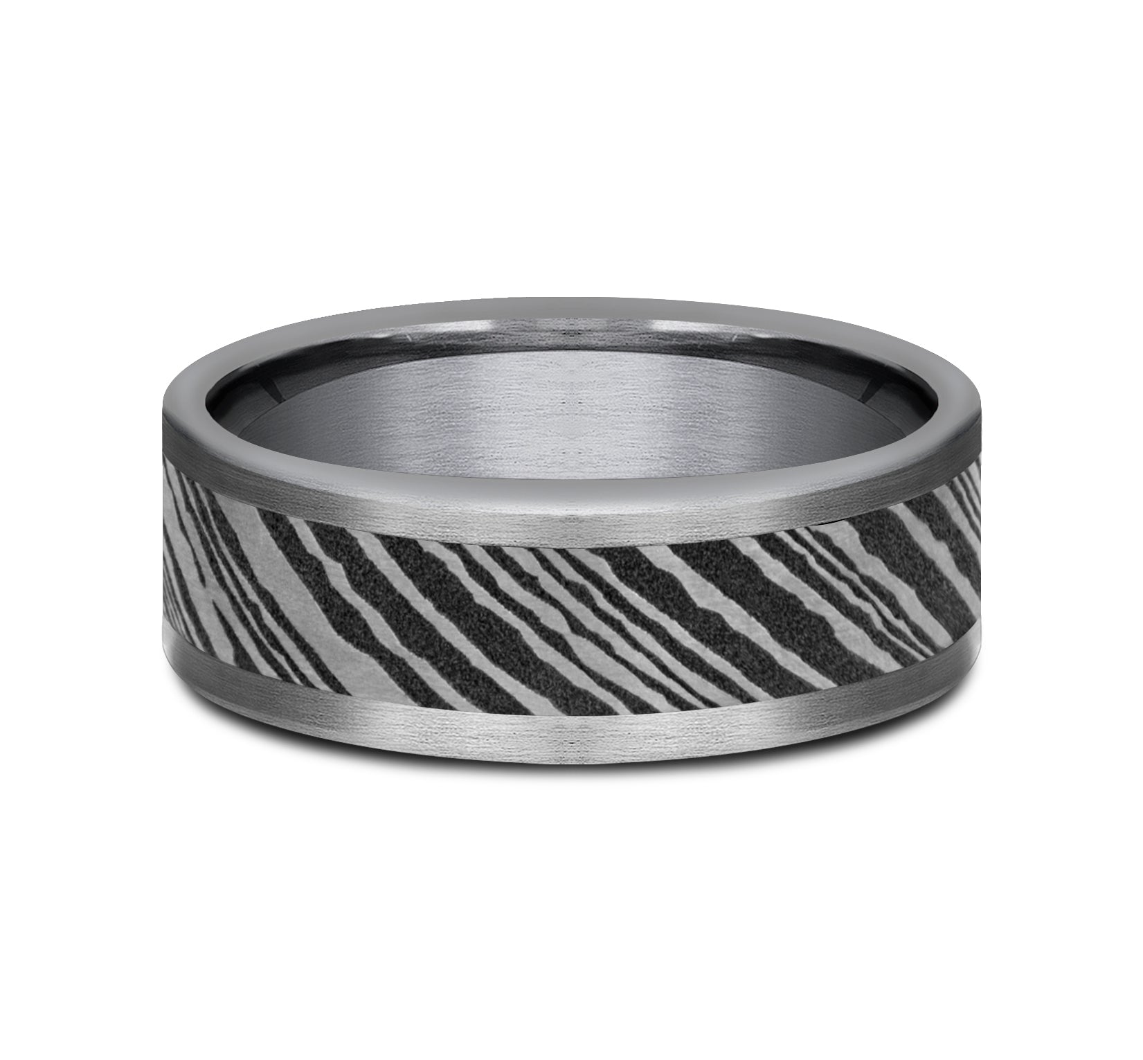 THE BUCK 8mm, Comfort fit, Grey Tantalum, Damascus designed center, straight edges