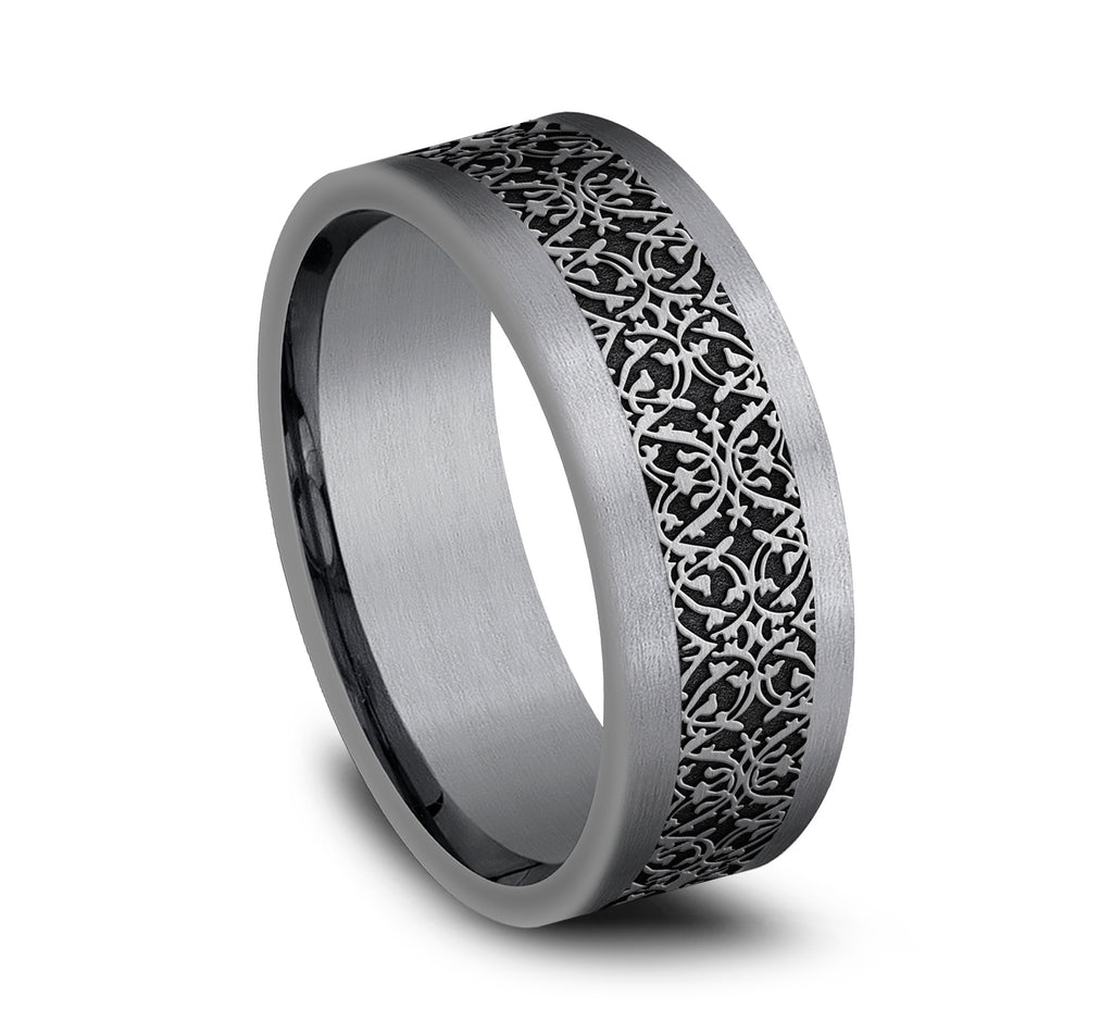 THE CONQUERER 8mm, Comfort fit, Grey Tantalum and Grey/Black Titanium, Ottoman pattern, straight edges