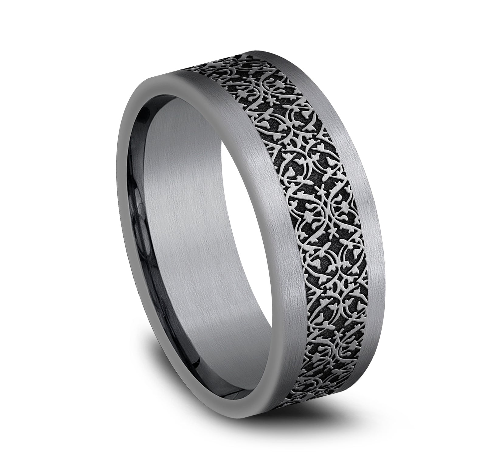 THE CONQUERER 8mm, Comfort fit, Grey Tantalum and Grey/Black Titanium, Ottoman pattern, straight edges