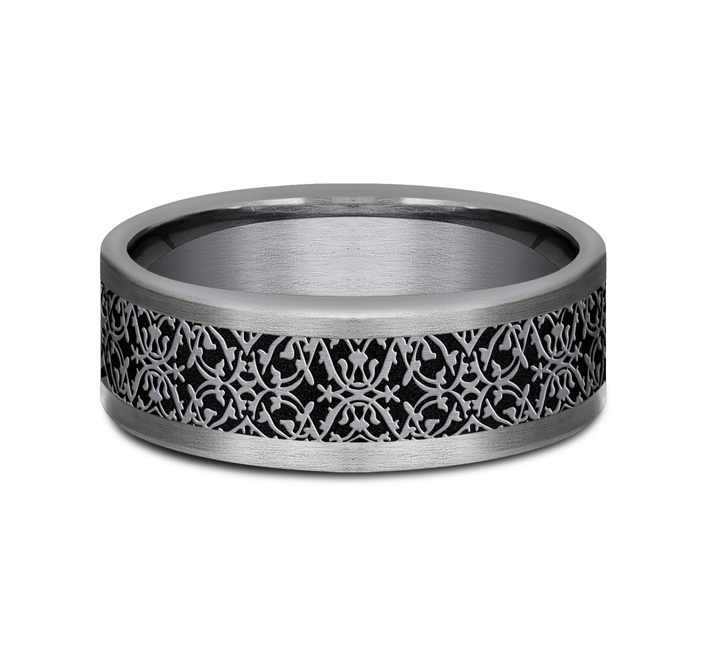 THE CONQUERER 8mm, Comfort fit, Grey Tantalum and Grey/Black Titanium, Ottoman pattern, straight edges