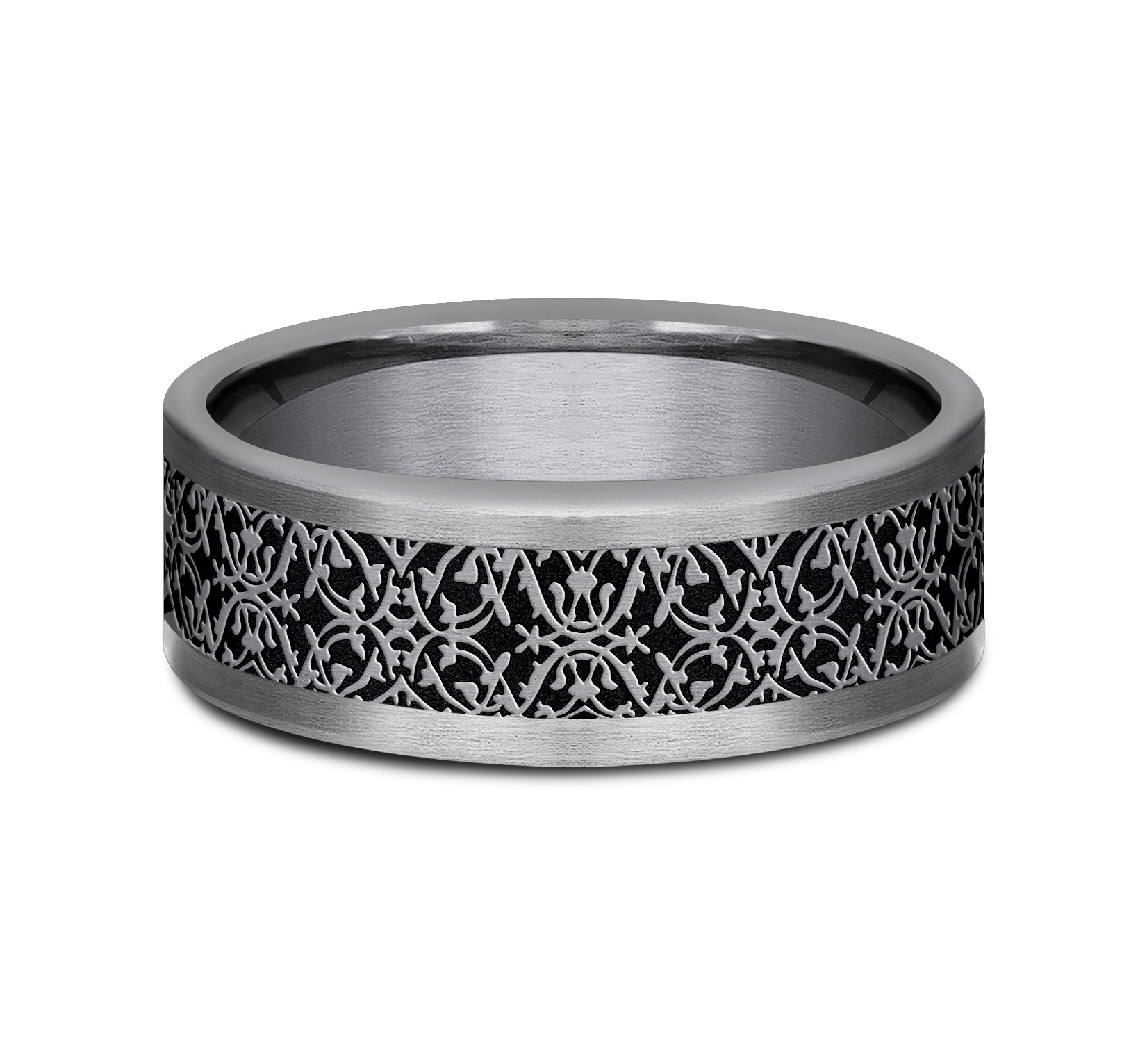 THE CONQUERER 8mm, Comfort fit, Grey Tantalum and Grey/Black Titanium, Ottoman pattern, straight edges