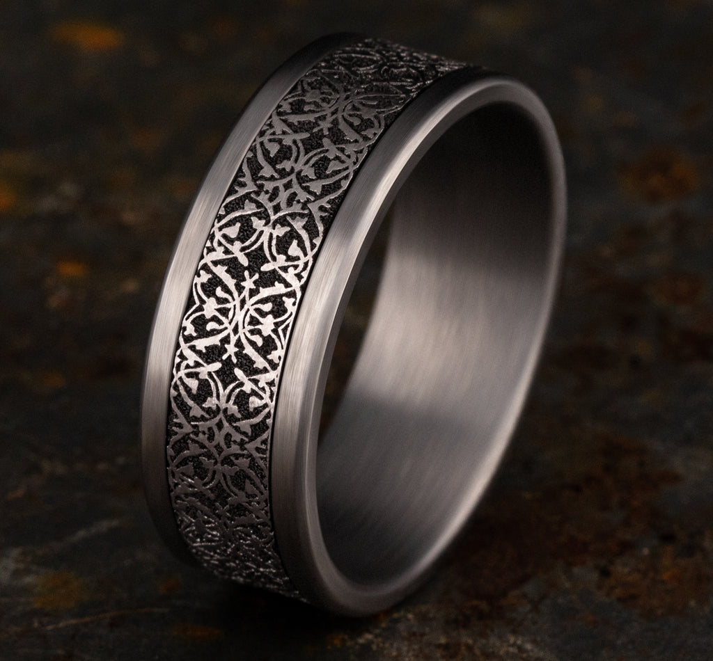 THE CONQUERER 8mm, Comfort fit, Grey Tantalum and Grey/Black Titanium, Ottoman pattern, straight edges