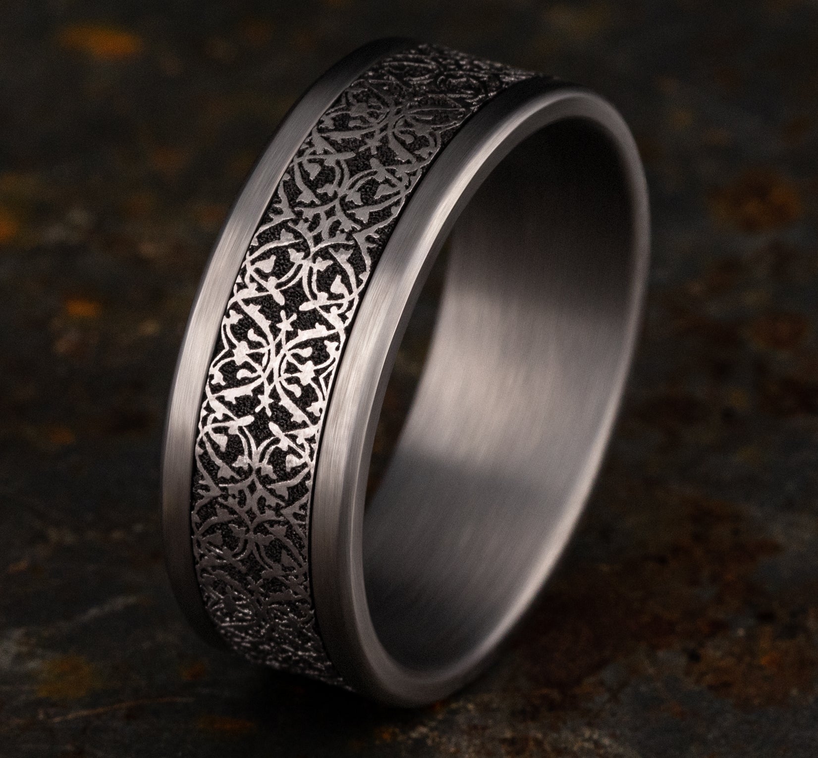 THE CONQUERER 8mm, Comfort fit, Grey Tantalum and Grey/Black Titanium, Ottoman pattern, straight edges