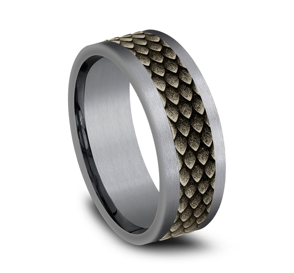 THE RHAEGAL 8mm, Comfort fit, Grey Tantalum and Bronze, Dragon scale patterned center, straight edges
