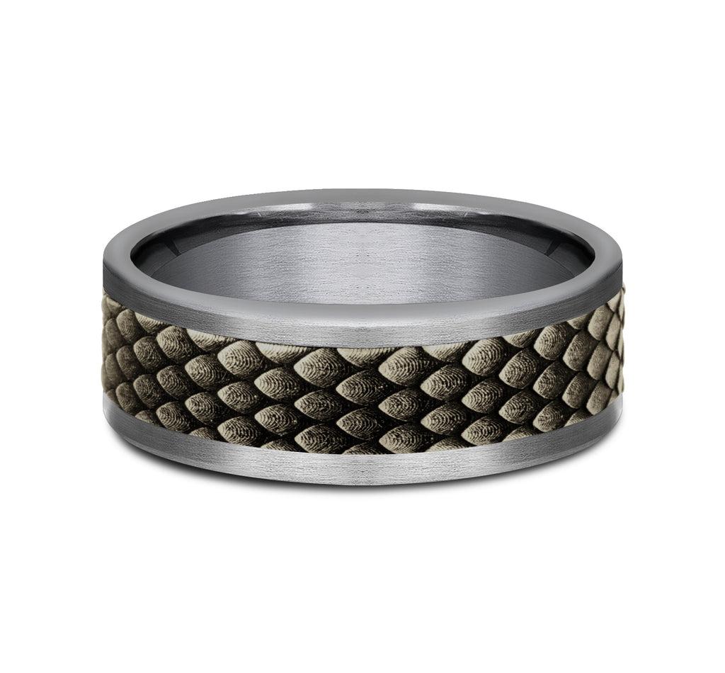 THE RHAEGAL 8mm, Comfort fit, Grey Tantalum and Bronze, Dragon scale patterned center, straight edges