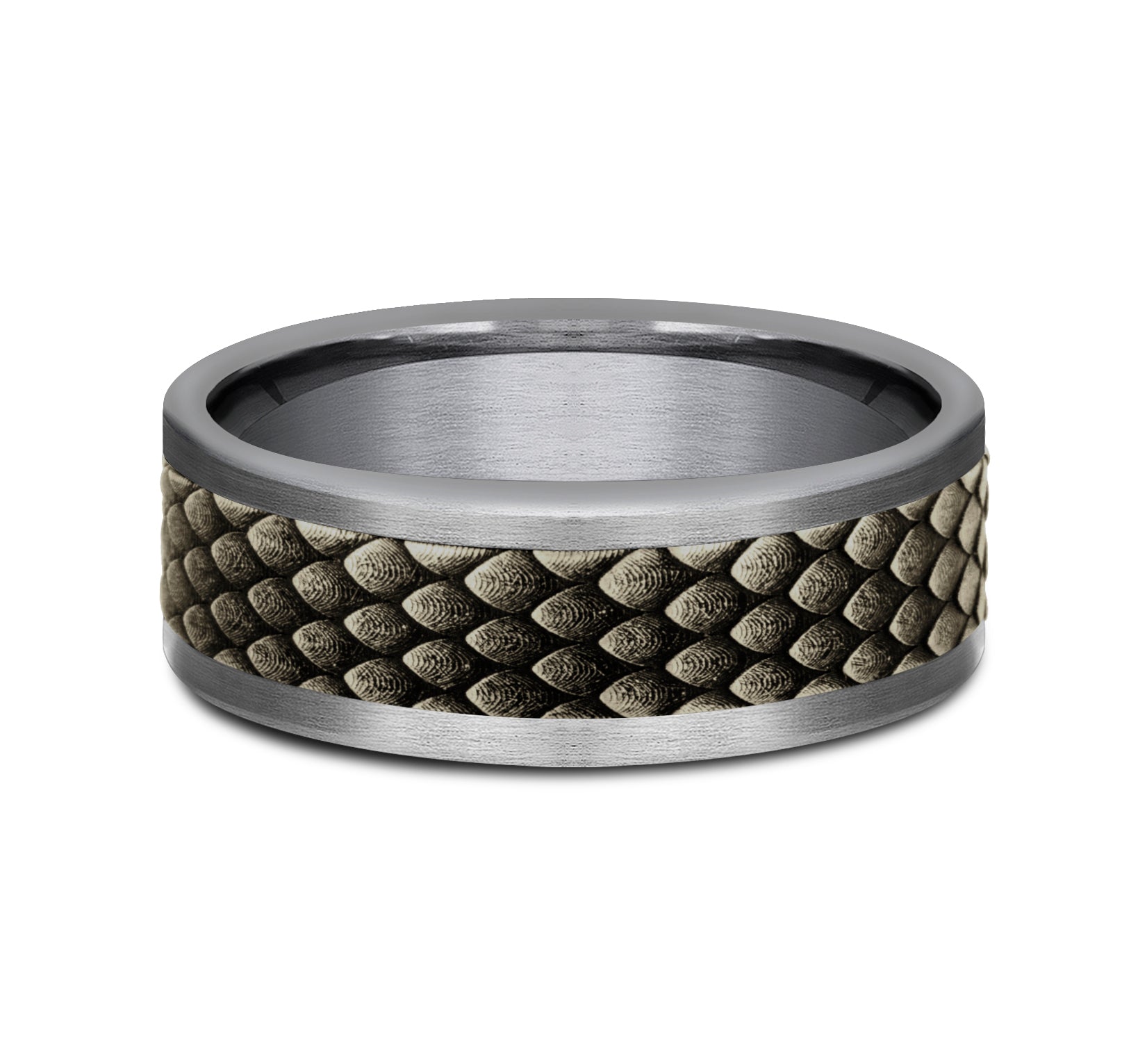 THE RHAEGAL 8mm, Comfort fit, Grey Tantalum and Bronze, Dragon scale patterned center, straight edges