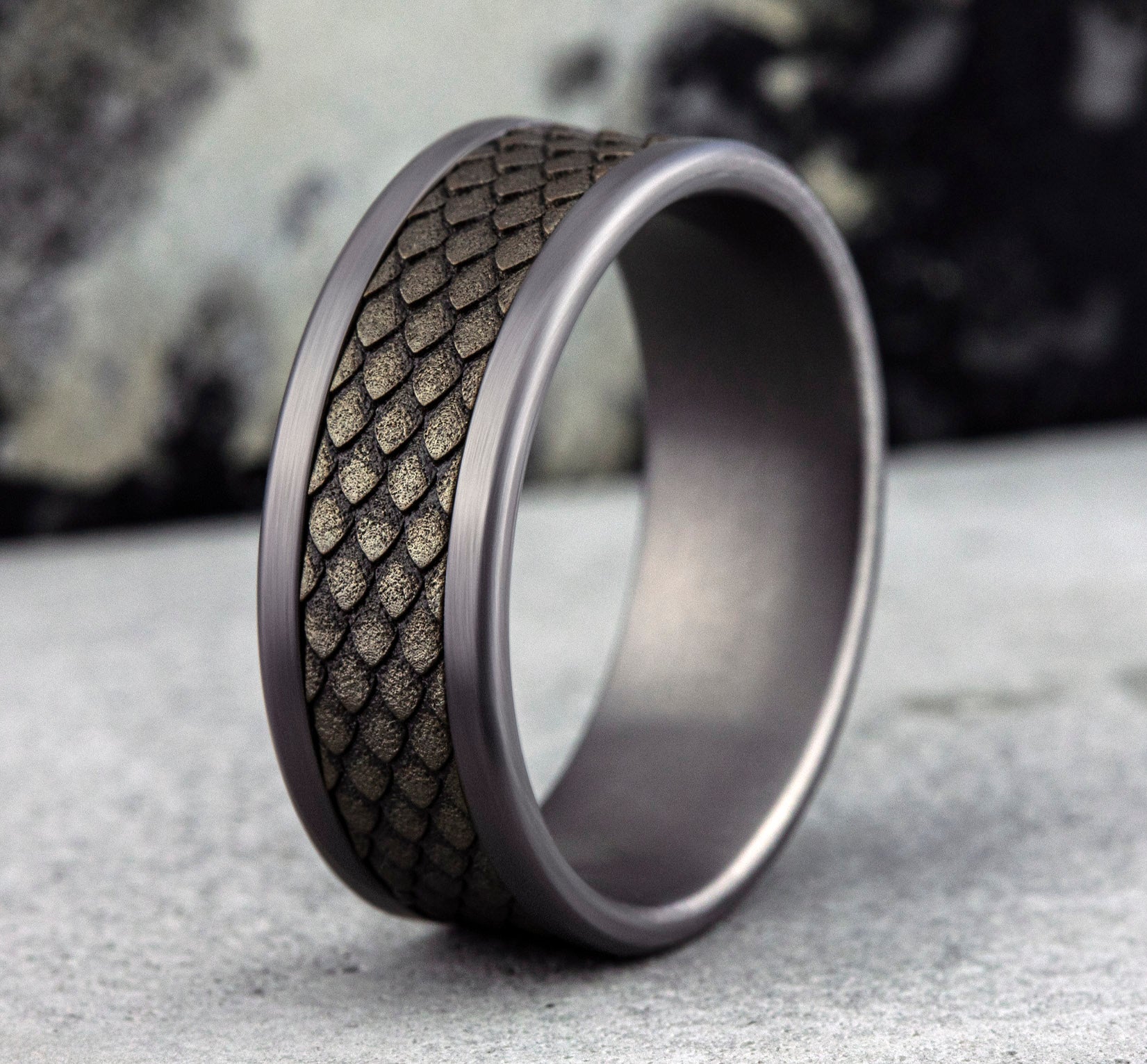 THE RHAEGAL 8mm, Comfort fit, Grey Tantalum and Bronze, Dragon scale patterned center, straight edges