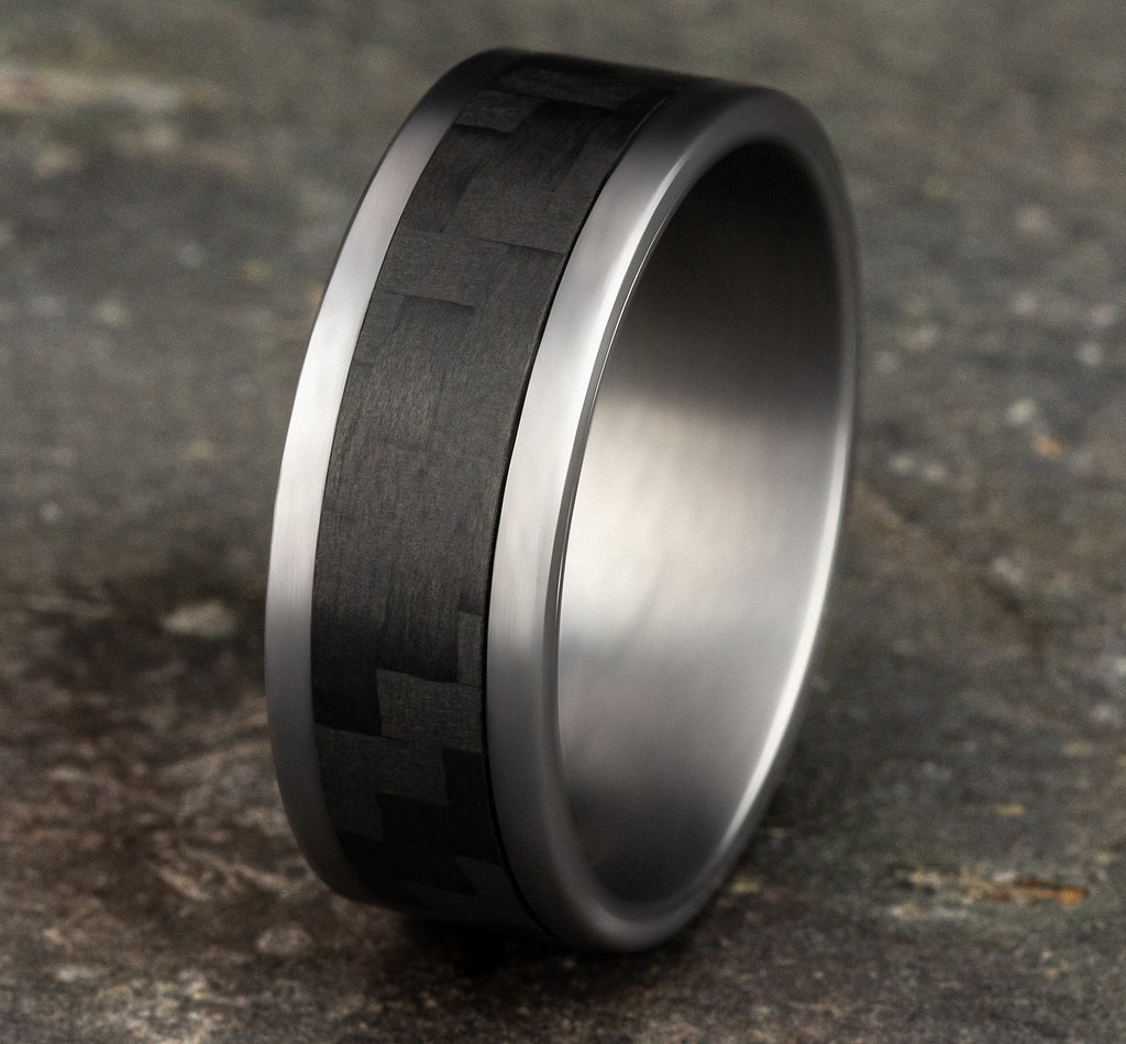 THE SENNA 8mm, Comfort fit, Grey Tantalum and Black Carbon Fiber, Twilled Carbon Fiber pattern, straight edges