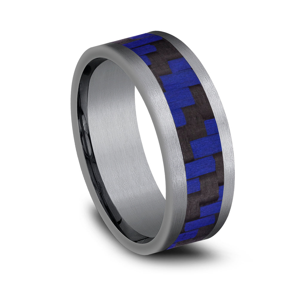 THE SENNA 8mm, Comfort fit, Grey Tantalum and Blue Carbon Fiber, Twilled Carbon Fiber pattern, straight edges