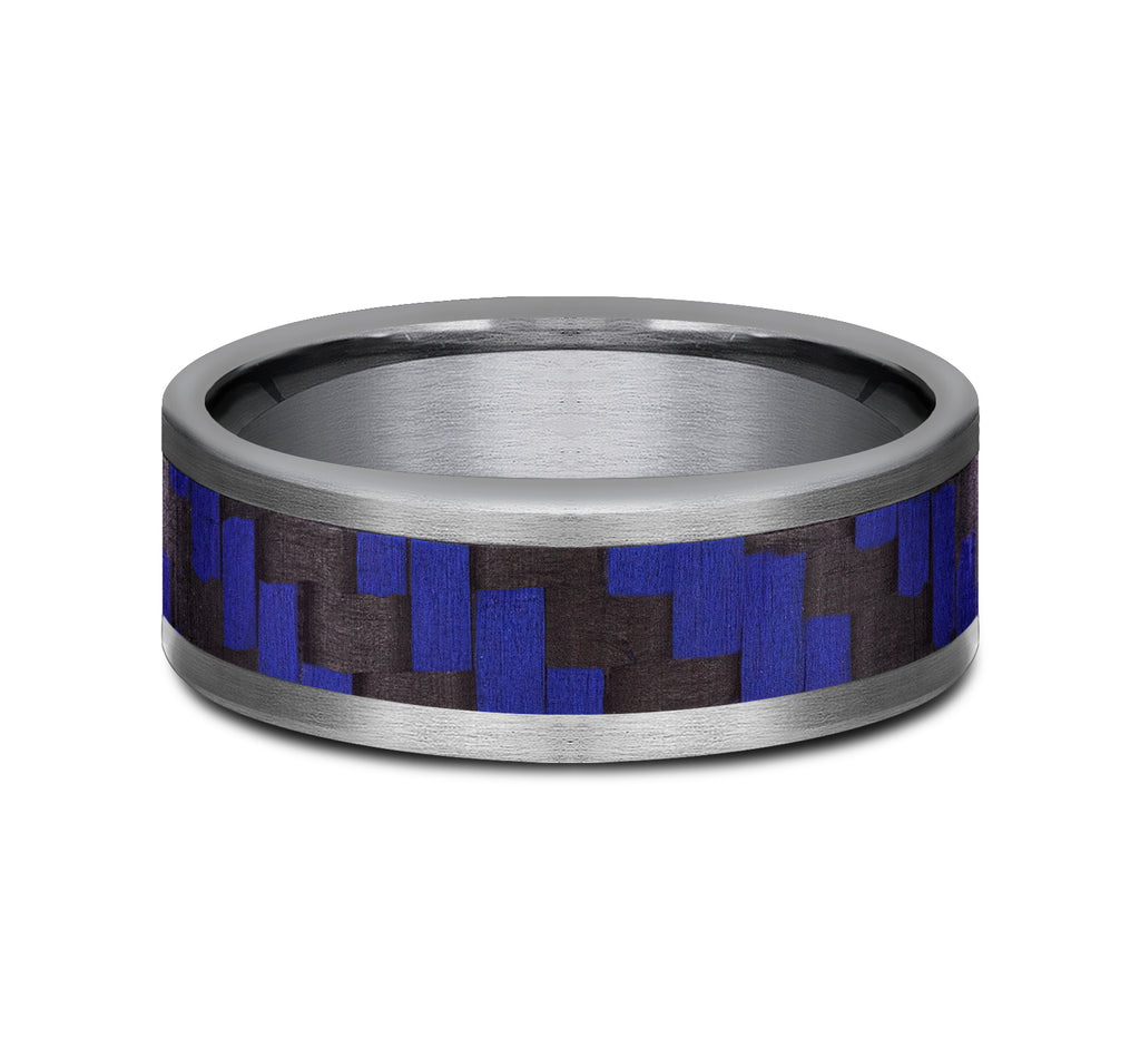 THE SENNA 8mm, Comfort fit, Grey Tantalum and Blue Carbon Fiber, Twilled Carbon Fiber pattern, straight edges