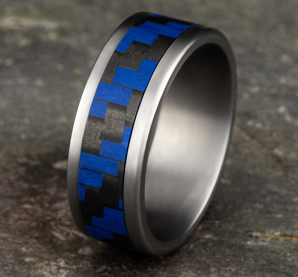 THE SENNA 8mm, Comfort fit, Grey Tantalum and Blue Carbon Fiber, Twilled Carbon Fiber pattern, straight edges