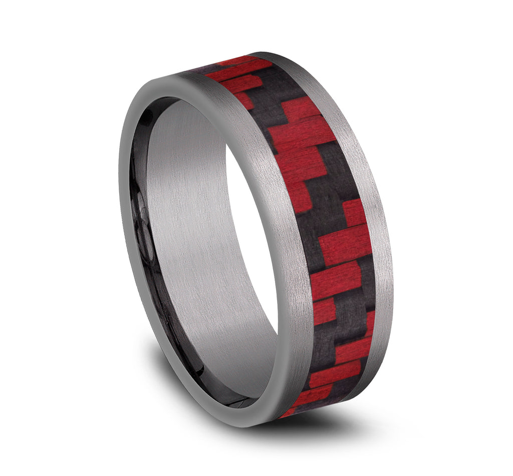 THE SENNA 8mm, Comfort fit, Grey Tantalum and Red Carbon Fiber, Twilled Carbon Fiber pattern, straight edges