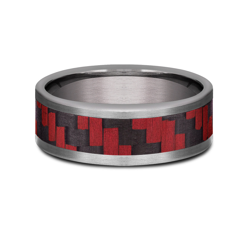 THE SENNA 8mm, Comfort fit, Grey Tantalum and Red Carbon Fiber, Twilled Carbon Fiber pattern, straight edges