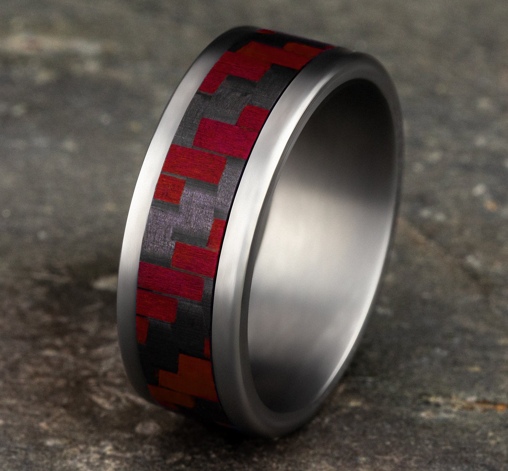THE SENNA 8mm, Comfort fit, Grey Tantalum and Red Carbon Fiber, Twilled Carbon Fiber pattern, straight edges