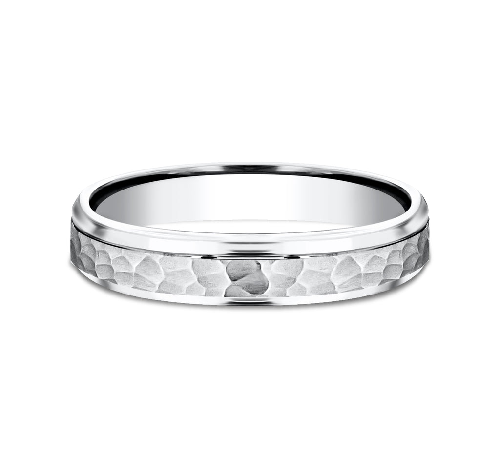 THE SWANSON 4mm, Comfort fit, 14K White Gold, Hammered center, polished round edges