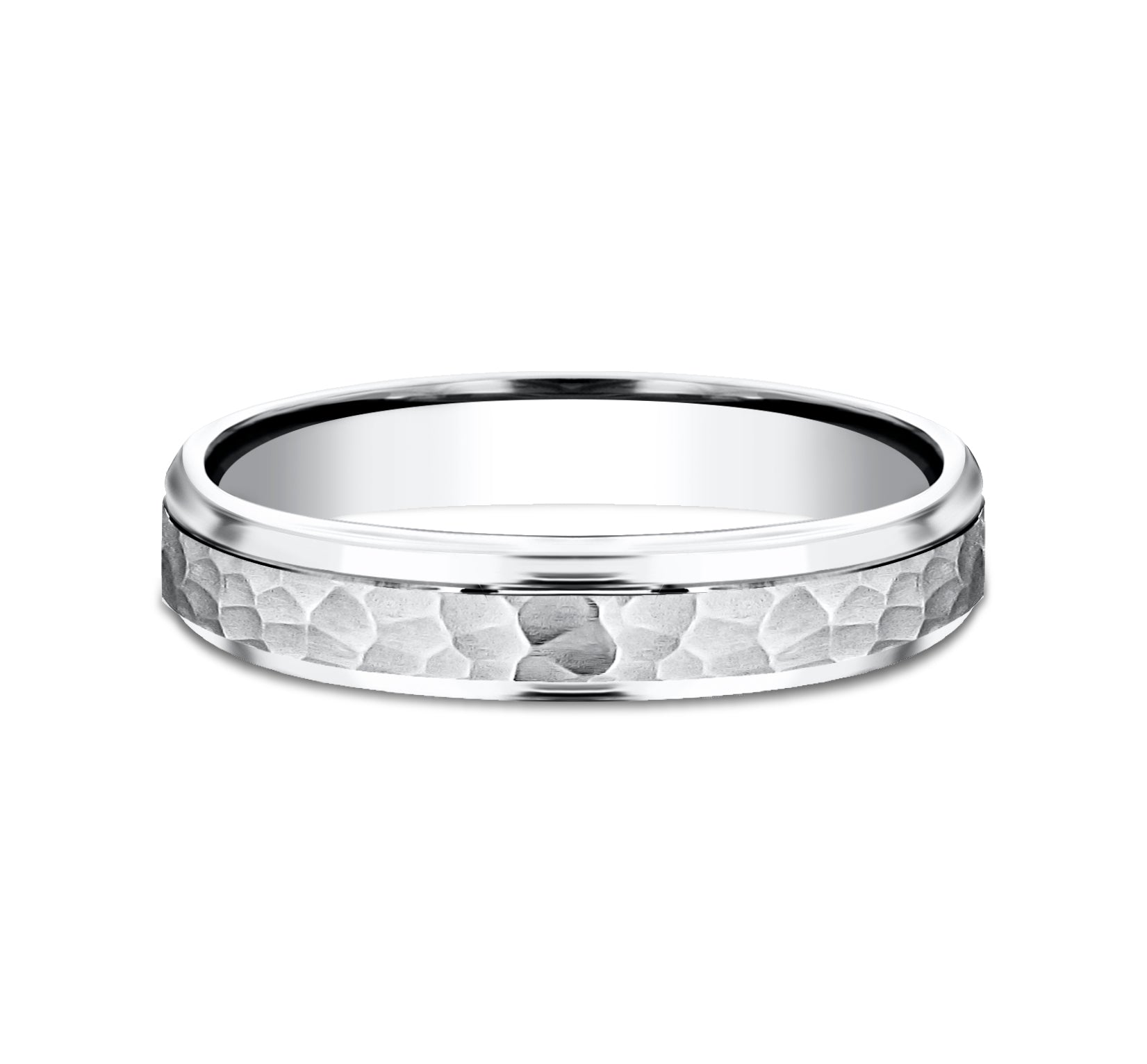 THE SWANSON 4mm, Comfort fit, 14K White Gold, Hammered center, polished round edges