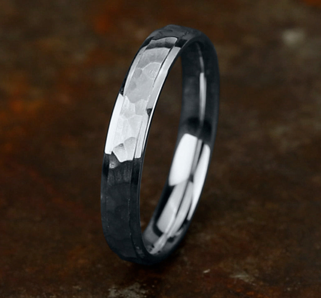 THE SWANSON 4mm, Comfort fit, 14K White Gold, Hammered center, polished round edges