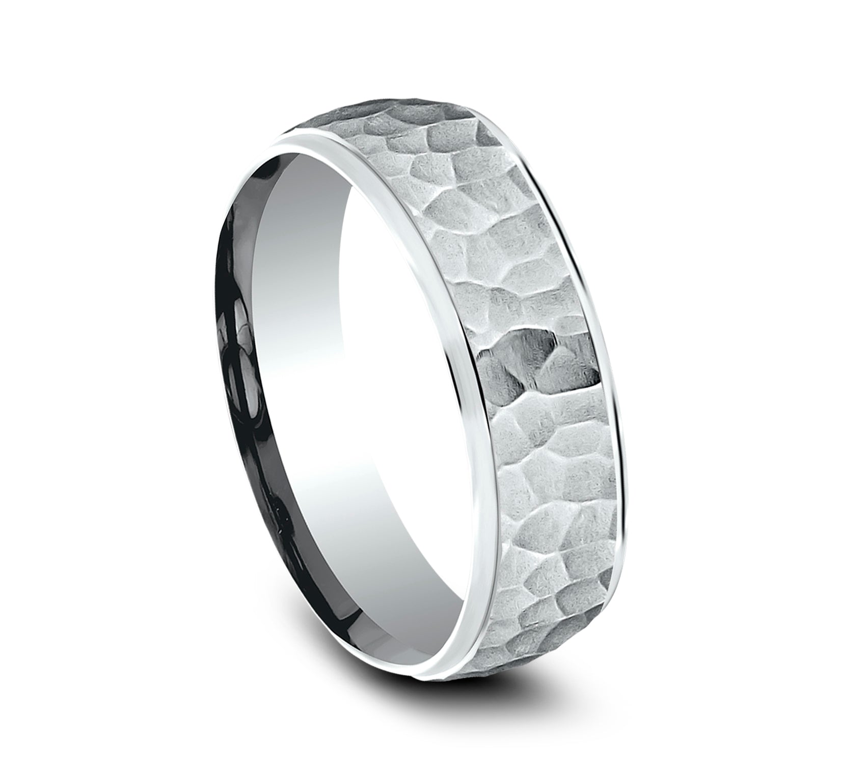 THE SWANSON 6mm, Comfort fit, 14K White Gold, Hammered center, polished round edges