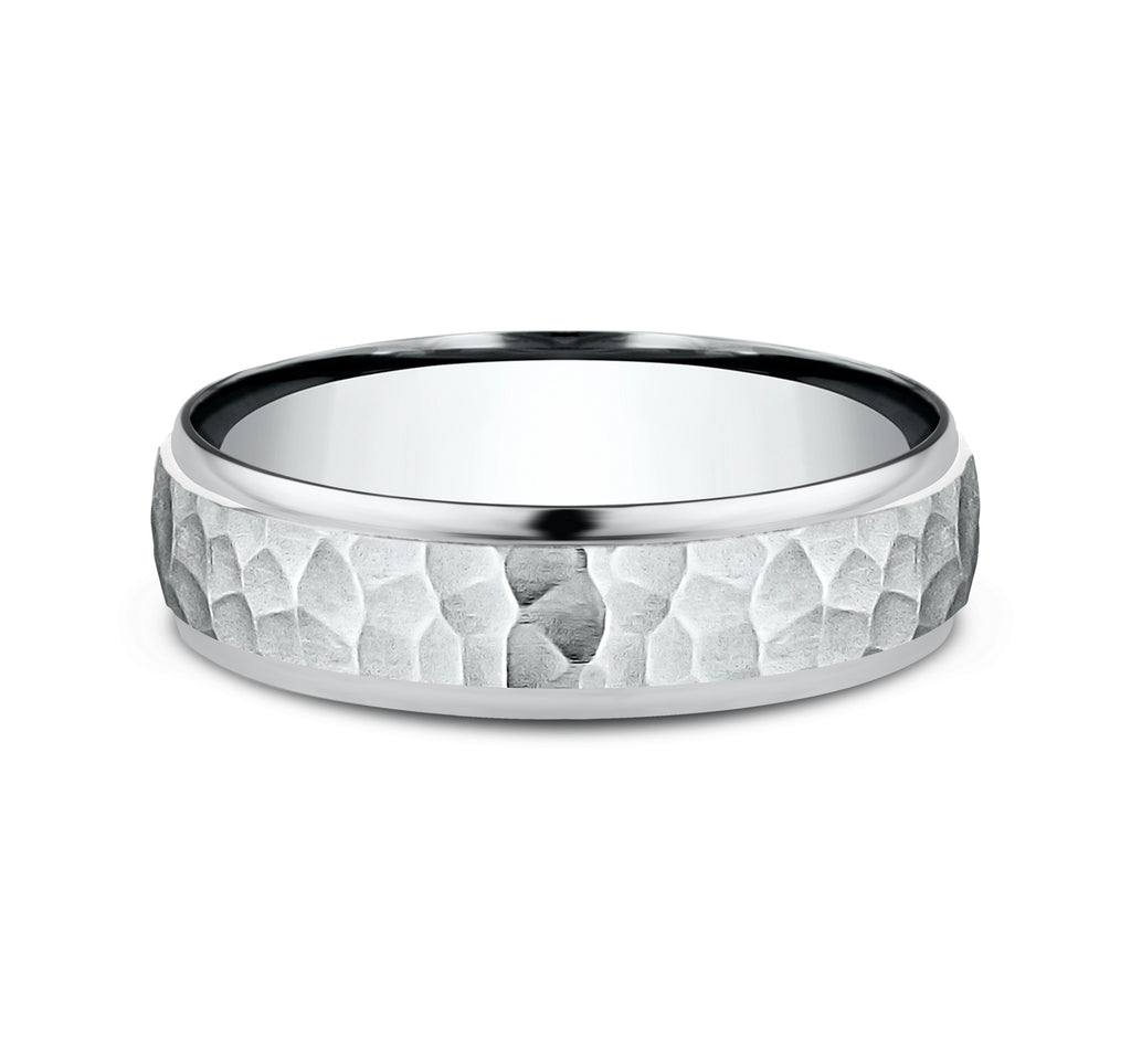 THE SWANSON 6mm, Comfort fit, 14K White Gold, Hammered center, polished round edges