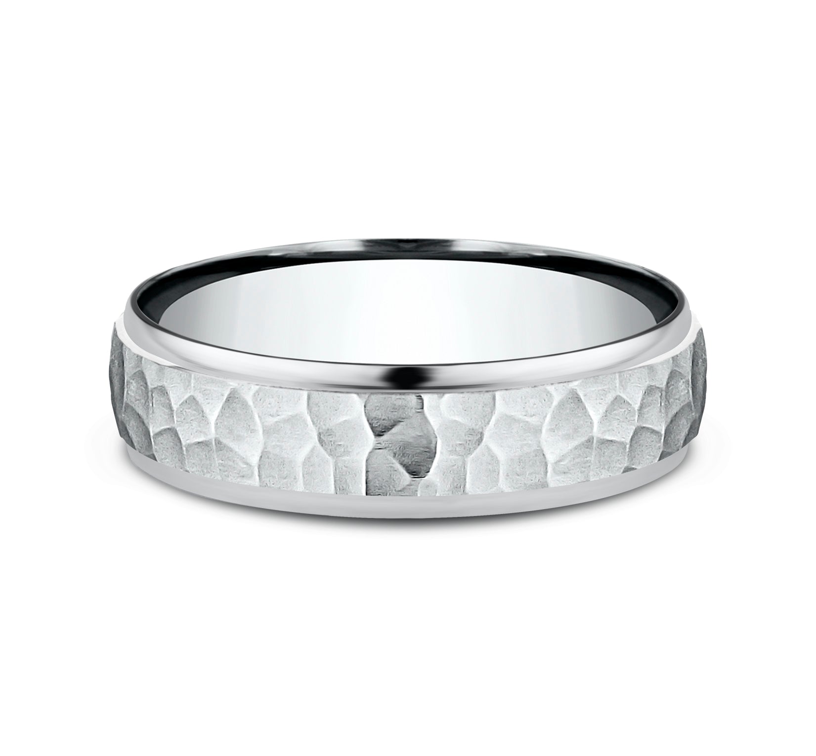 THE SWANSON 6mm, Comfort fit, 14K White Gold, Hammered center, polished round edges