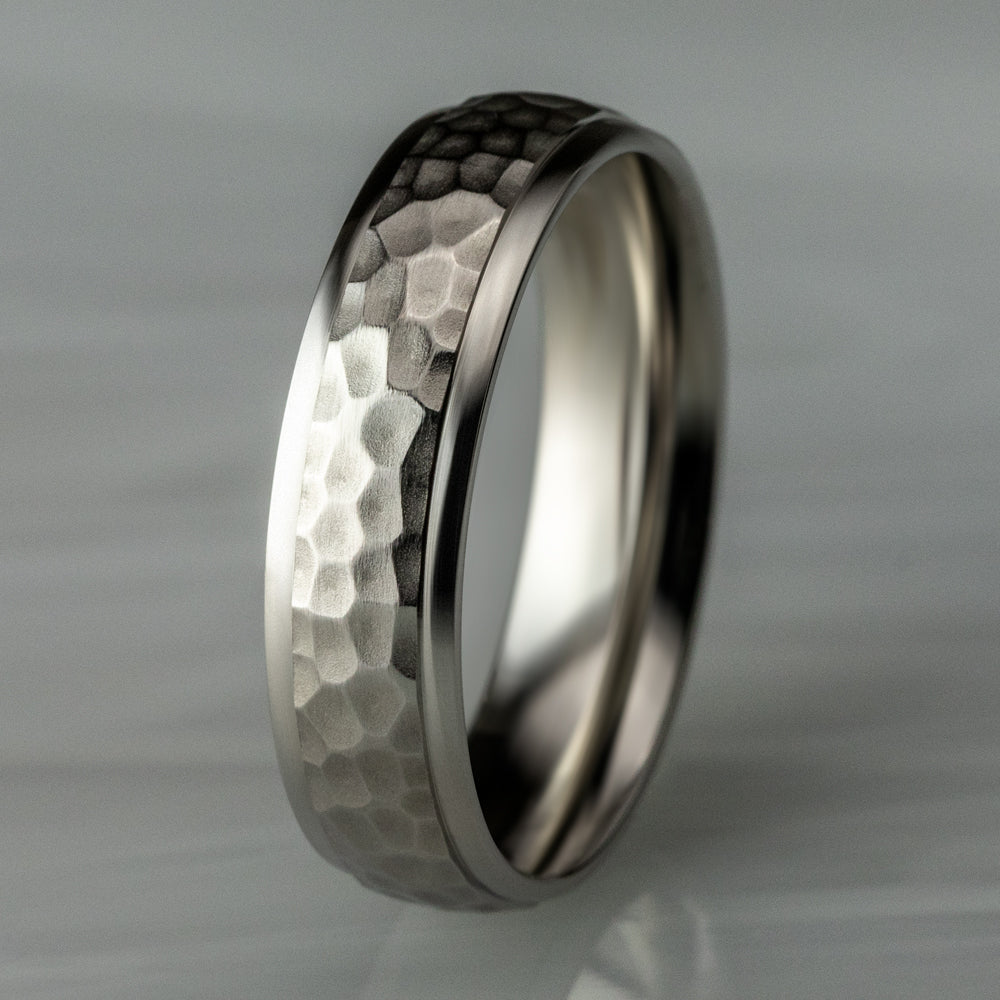THE SWANSON 6mm, Comfort fit, 14K White Gold, Hammered center, polished round edges