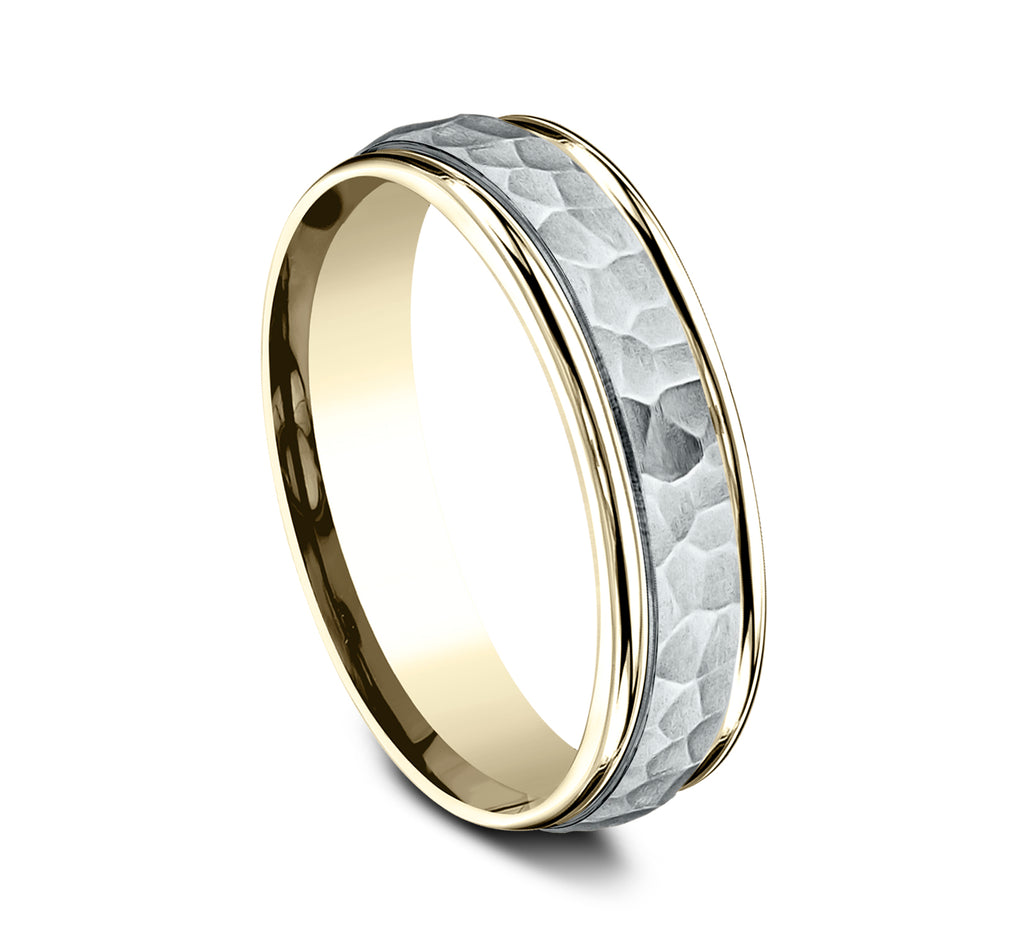 THE SWANSON 6mm, Comfort fit, 14K Yellow and White Gold, Hammered center, polished round edges