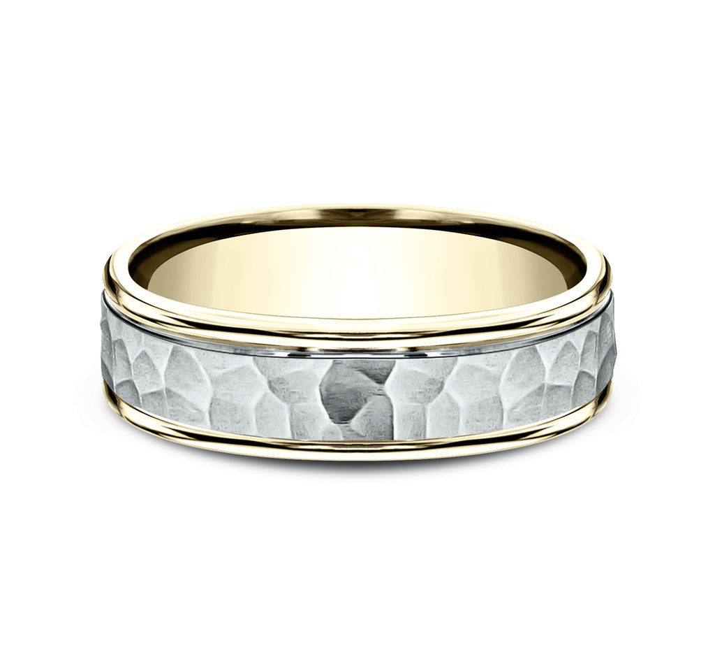 THE SWANSON 6mm, Comfort fit, 14K Yellow and White Gold, Hammered center, polished round edges