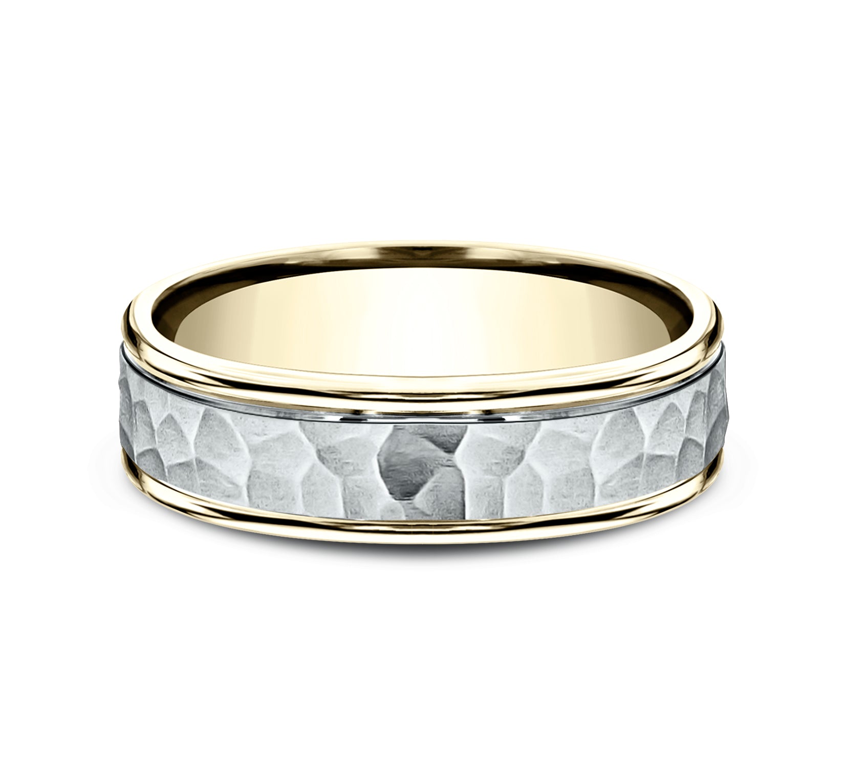 THE SWANSON 6mm, Comfort fit, 14K Yellow and White Gold, Hammered center, polished round edges