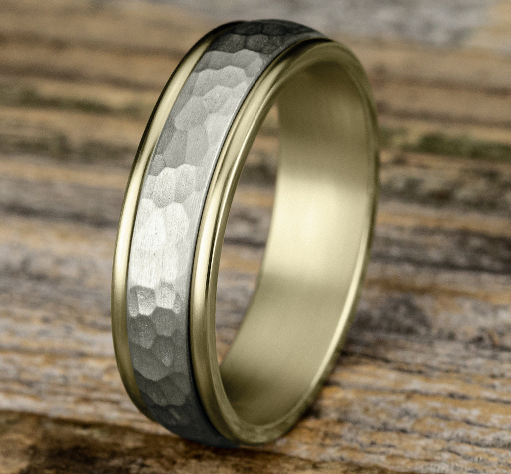 THE SWANSON 6mm, Comfort fit, 14K Yellow and White Gold, Hammered center, polished round edges