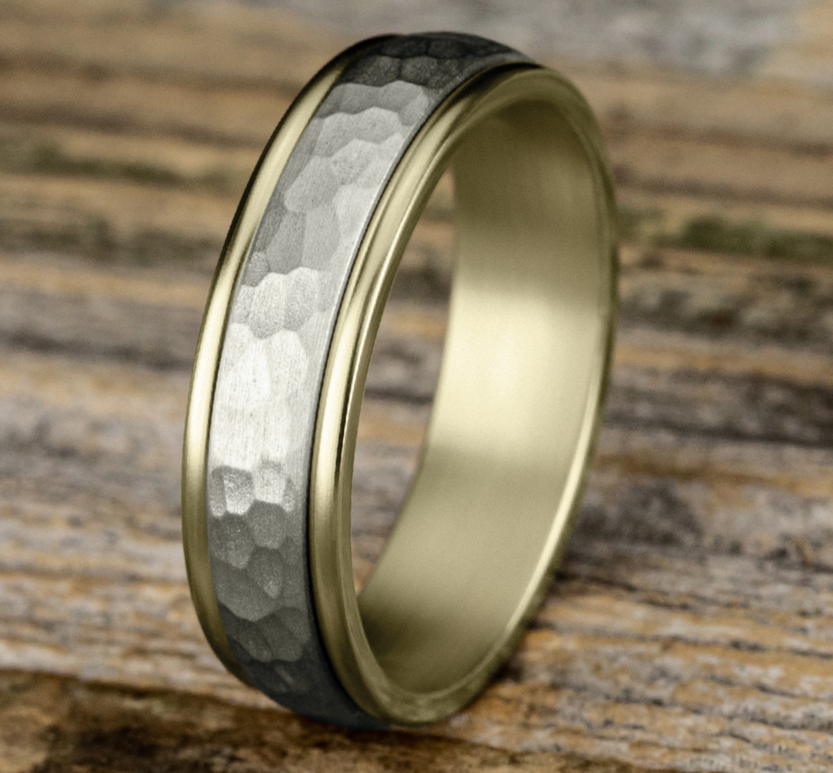 THE SWANSON 6mm, Comfort fit, 14K Yellow and White Gold, Hammered center, polished round edges