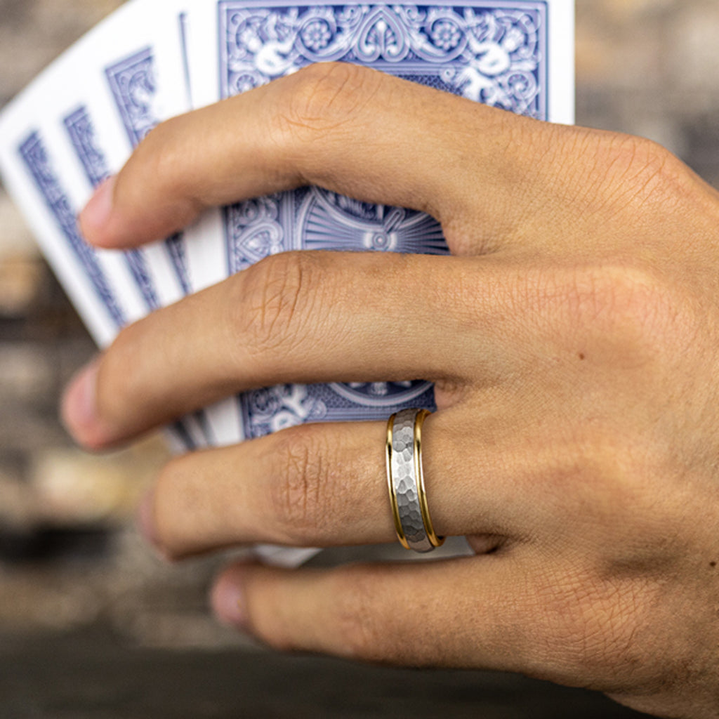 THE SWANSON 6mm, Comfort fit, 14K Yellow and White Gold, Hammered center, polished round edges