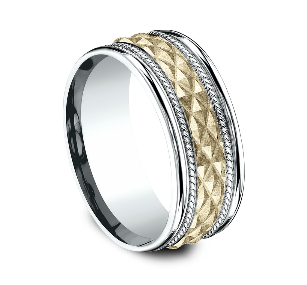 THE GIZA 8mm, Comfort fit, 14K White and Yellow Gold, Pyramid patterned center, rope detailing, polished round edges