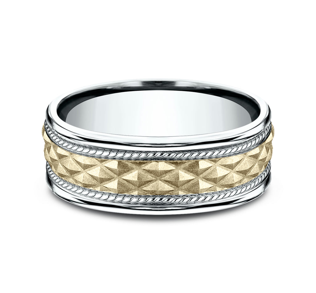 THE GIZA 8mm, Comfort fit, 14K White and Yellow Gold, Pyramid patterned center, rope detailing, polished round edges