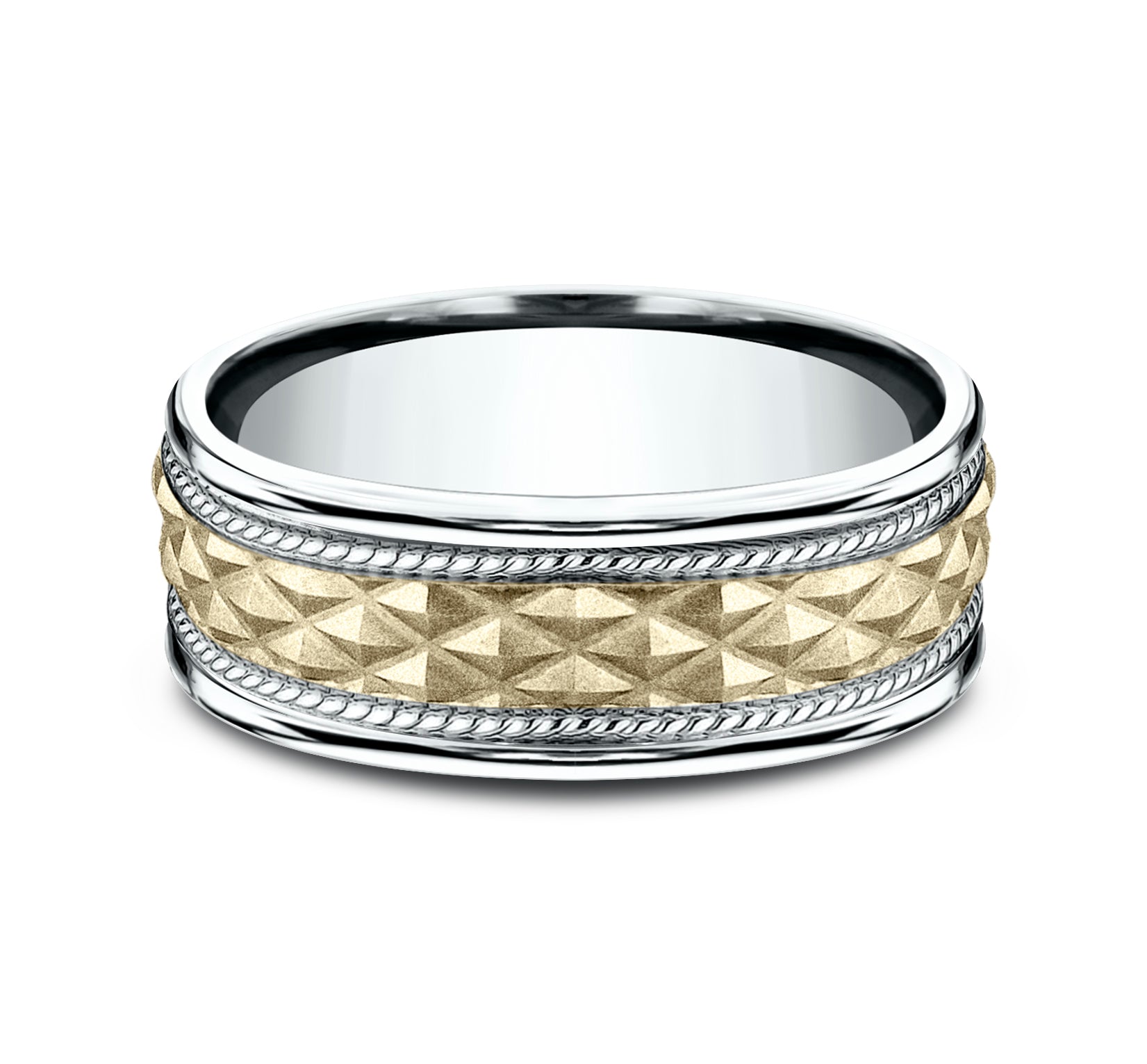 THE GIZA 8mm, Comfort fit, 14K White and Yellow Gold, Pyramid patterned center, rope detailing, polished round edges