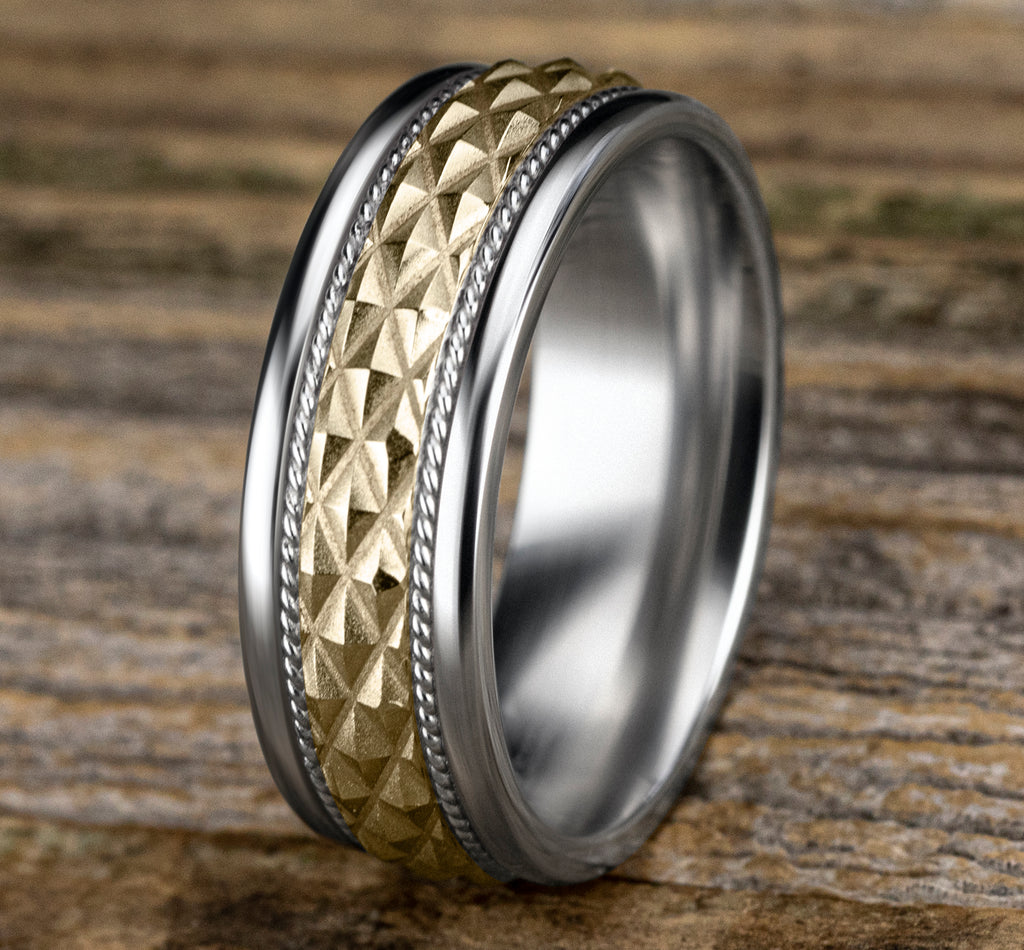 THE GIZA 8mm, Comfort fit, 14K White and Yellow Gold, Pyramid patterned center, rope detailing, polished round edges